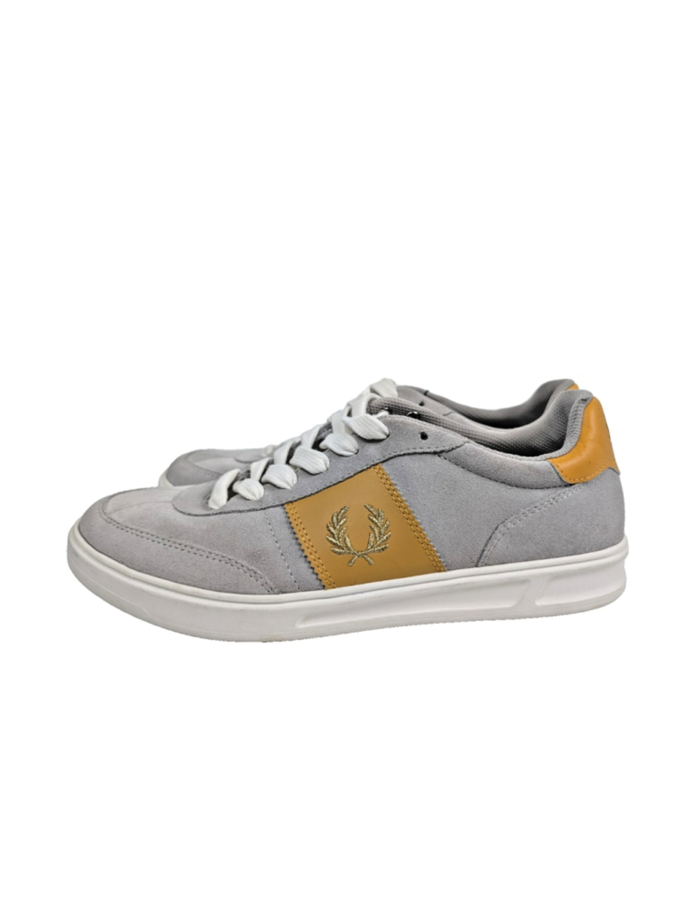 NWT Fred Perry Low Suede Trainers Tennis Shoes Sneakers Grey Gold Sz 8 Preppy